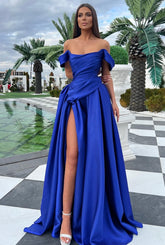 Elegant Long Royal Blue A-line Off-the-shoulder Satin Prom Evening Dresses with Slit